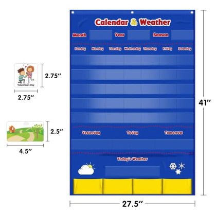Calendar and Weather Pocket Chart, Classroom Organized Chart, 149 Pieces - color: Blue