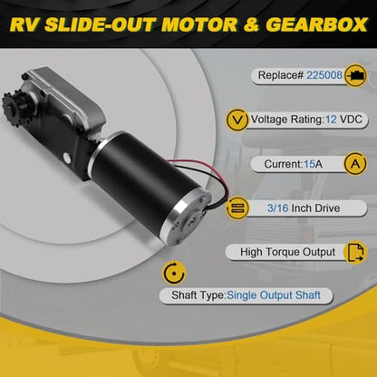 225008 RV Slide Out Motor & Gear Housing Compatible with BAL Accu-Slide Cable Slide Out System, with R25076 R25076-1 RV Slide Out Gear Box and R25075 High Torque Motor for Travel Trailer Camper | 12V