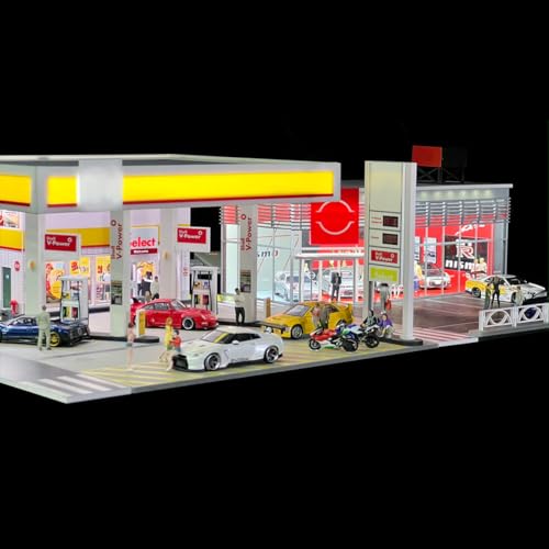 1/64 Scale Shell Gas Station Diorama Kit, Miniature Building Scene Model Set, Collectible Desk Decor for Home & Office (No Vehicles or Figures)