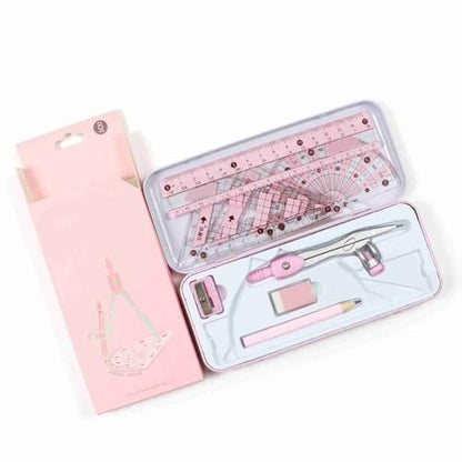 8Pcs Geometry Drawing Kit Multifunctional Easy to Use Math Tools with Compass, Protractor and Rulers in Metal Storage Box(Pink) - color: Pink