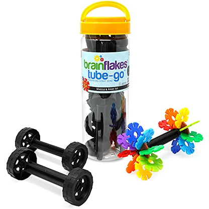 Brain Flakes 16 Wheels and 8 Axles Tube-Go Set Add-On Travel Kit - Build Cars, Trucks, Anything that Spins - Compatible Brand Discs - A Great STEM Toy