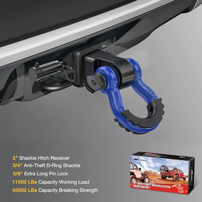 Nilight 3/4" Anti-Theft D Ring Shackle Hitch Receiver 2" Solid Towing Kit | 45000 LBs Breaking Strength 5/8" Trailer Hitch Lock Pin Heavy Duty Solid Towing Kit for Trucks Off Road Blue&Black - color: Hitch w/ Lock Pin Black Blue