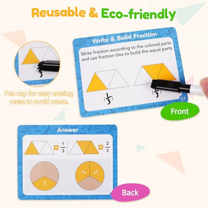 Fraction Manipulatives for Kids, Wooden Fraction Tiles, Fraction Circles & Fraction Bars, Montessori Math Manipulatives with 36 Activity Cards, Compare Fractions, Addition & Subtraction, Grade 1-4