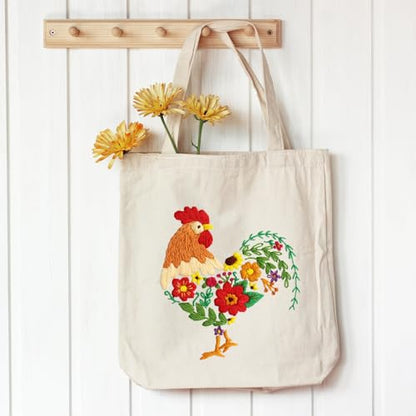 Louise Maelys Embroidery Kit Canvas Tote Bag for Beginners, Floral Rooster - color: rooster Flower