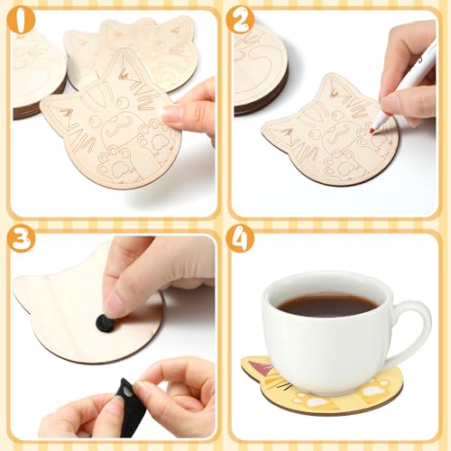 Patelai 24 Pcs Cat Coasters Craft Set Wooden DIY Coasters Painting Kit with Markers Unfinished Cat Slices Make Your Own Wood Ornament Gift for Adults Handmade Holiday Decor Supplies - style: Cat
