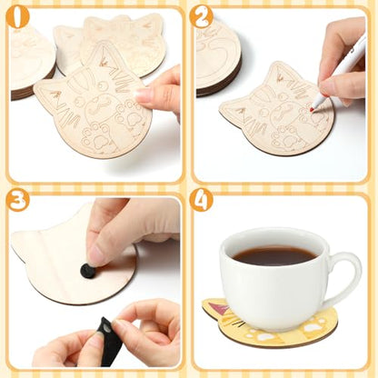 Patelai 24 Pcs Cat Coasters Craft Set Wooden DIY Coasters Painting Kit with Markers Unfinished Cat Slices Make Your Own Wood Ornament Gift for Adults Handmade Holiday Decor Supplies - style: Cat