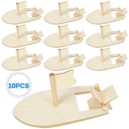 Amersumer 10 Pcs DIY Toy Wood Boat Craft Kits, Mini Wooden Sailboat Kits, Paddle Boats Paint and Decorate for School Projects, Make Your Own Sailboat Craft