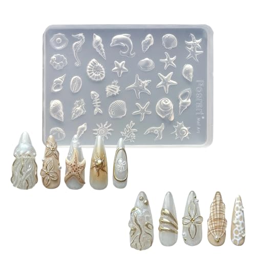 1 Pcs Nail Molds 3D Summer Silicone Nail Mold Marine Animals Design Nail Art Molds Carving Template Cute Starfish, Shell Molds Silicone Nail Tools for Women Acrylic Nails Art Supplies DIY - color: Styl 16