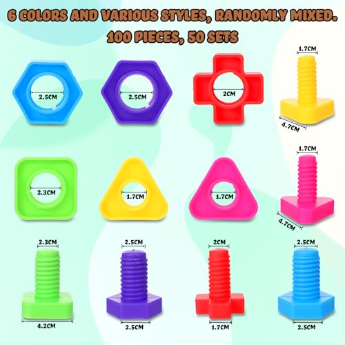 100 Pcs Jumbo Nuts and Bolts for Toddlers Kids,6 Colors