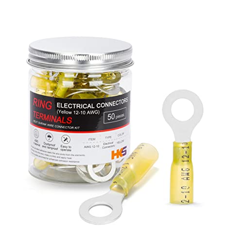 HKS 50 PCS Ring Terminals 5/16" Yellow 12-10 AWG - M8 - Electrical Connectors - Heat Shrink Wire Connector Kit - Tinned Red Copper - Automotive Marine Ring Connectors - Waterproof and Insulated - color: Yellow, size: 5/16" (M8)