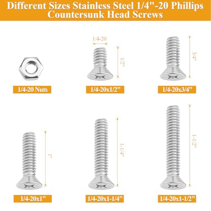 57 Pieces 1/4-20 x 1/2", 3/4", 1", 1-1/4", 1-1/2", Phillips Countersunk Head Machine Screws Nuts Assortment Kit - size: 1/4"-20, style: Phillips Countersunk Head