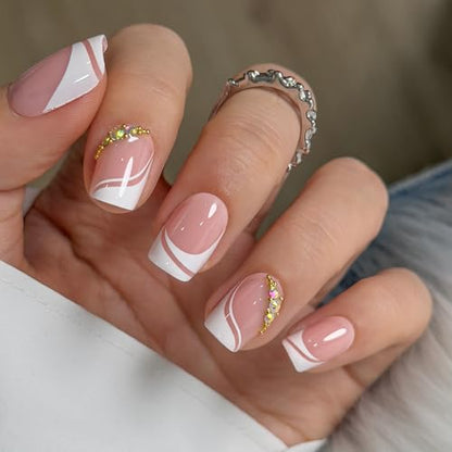CurvLife Short Square French Tip Press On Nails, Crystal White, Soft Gel - color: French White Rhinestones