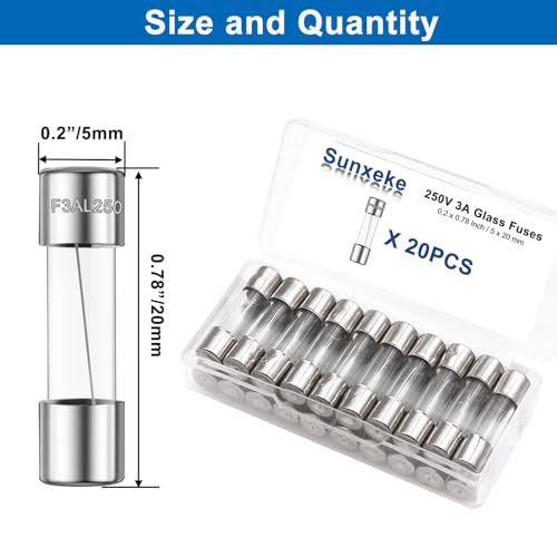 20PCS F3AL250V 5 x 20mm Fast Blow Glass Fuses 3A 3Amp 250V Glass Fuse,0.2 x 0.78 Inch - size: 3A