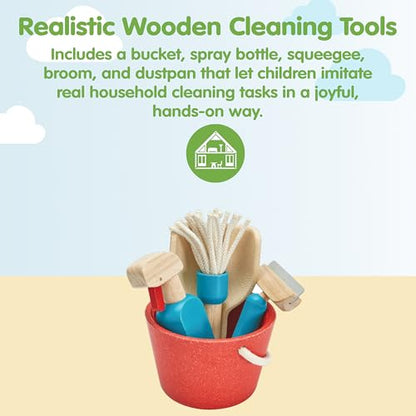 PlanToys® Cleaning Set | Montessori Wooden Housekeeping Play Set for Kids | Includes Broom, Mop, Dustpan, Bucket & Duster | Eco-Friendly Pretend Play Toy for Practical Life Skills & Responsibility - color: Cleaning Set