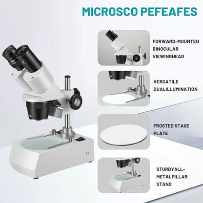 Stereo Microscope，Binocular Microscope, WF10x and WF20x Eyepieces, 10X-80X Magnification, Upper and Lower LED Light Source, Pillar Stand,120V Power Supply and Lithium Battery