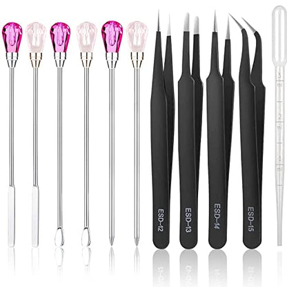 MSDADA 11 Pcs Silicone Resin Mold Tools Set Stirring Needle Spoon Tool Tweezers Precision Kit, Anti-Static Electronics Tweezers Set for Resin Art Crafts,Jewelry Making(Rose Red+Pink) - color: Rose Red & Pink & Black