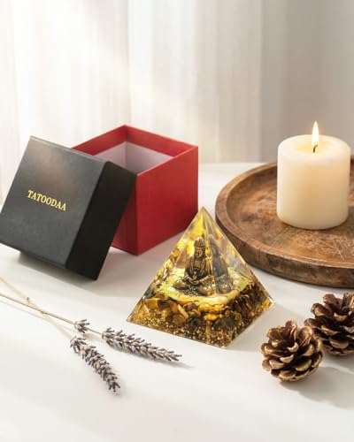 Orgone Pyramid with Healing Crystals - (Buddha, Golden) - Energy Generator for Positive Vibe, Stress Relief & Chakra Reiki Meditation - Pyramid Decor - Spiritual Gift for Success, Wealth & Prosperity - color: Colorful (Set 55)