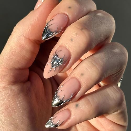 Silver French Tip Press on Nails Medium Almond Fake Nails with 3D Designs Gothic Full Cover Glue on Nails Reusable Glossy Y2K Silver Metal Acrylic False Nails for Women 24Pcs