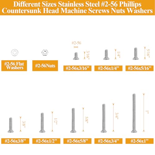 254 Pieces #2-56 x 3/16", 1/4", 5/16", 3/8", 1/2", 5/8", 3/4", 1", Phillips Countersunk Head Machine Screws Nuts Washers Assortment Kit - size: #2-56, style: Phillips Countersunk Head