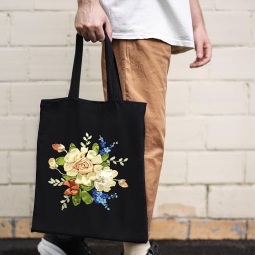 Canvas Tote Bag Silk Ribbon Embroidery Kit for Beginners Arts DIY Crafts Starter Kit Include Stamped Bag Threads Hoop - color: Color #3, Black Bag
