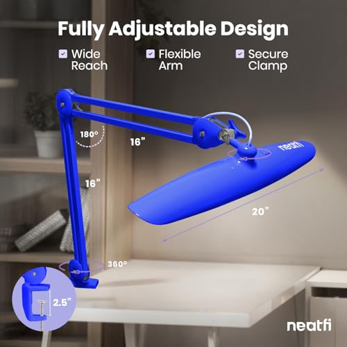 Neatfi XL 2200 Lumens 24W LED Desk Lamp – Shadow-Free Task Lighting | 4-Level Dimming | Home Office & Crafts Use | 20-Inch Wide Head (Sapphire Blue, Non-CCT with Clamp) - color: Sapphire Blue, size: Non-CCT with Clamp