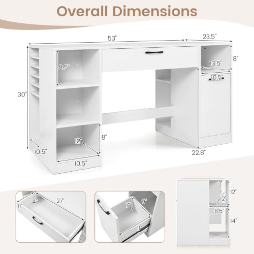 COSTWAY Sewing Machine Table with Power Outlets, Massive Storage (White) - color: White
