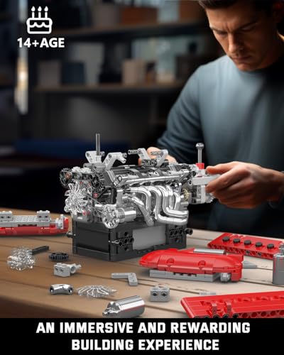 Mould King 10226 Engine Model Kit that Runs- Build Your Own STEM V12 Model Engine with Transmission, 12-Cylinder Supercar Engine kit Building Engineering Toys for Adults Collections (863+PCS) - style: MK-10226
