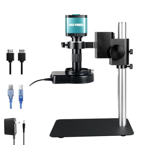 NICE-POWER Digital Microscope with Metal Base, 48MP 1080P HDMI/USB Industrial Magnifier, 150X Ultra-Precise Focusing Lens, LED Ring Light, Microscopes for Observation/Soldering/Electronic Repairs - color: 150X-1080P (HDMI/USB)-Blue