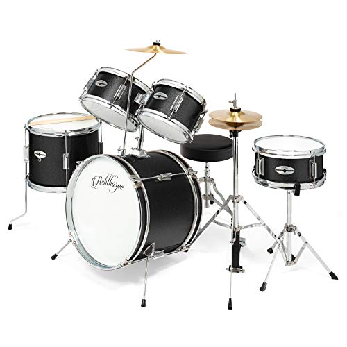 Ashthorpe 5-Piece Complete Kids Drum Set with Genuine Brass Cymbals - Junior Beginner Kit with 16" Bass, Throne, Hi-Hats, Pedals & Drumsticks - Black - color: Black