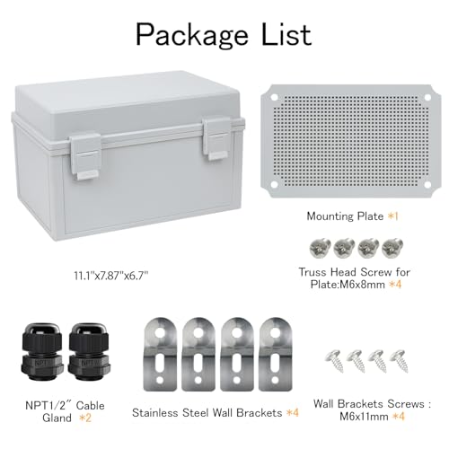 Junction Box IP65 Waterproof Electrical Box Outdoor ABS Plastic Project Box Hinged Shell Universal Enclosure Box with Mounting Plate, Wall Brackets, Cable Glands 11.8"x 7.9" x 7.1" - color: Grey, size: 11.8"x 7.9" x 7.1"