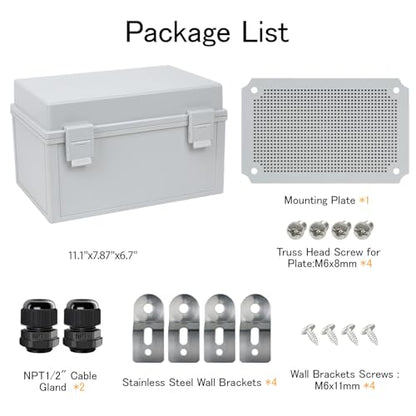 Junction Box IP65 Waterproof Electrical Box Outdoor ABS Plastic Project Box Hinged Shell Universal Enclosure Box with Mounting Plate, Wall Brackets, Cable Glands 11.8"x 7.9" x 7.1" - color: Grey, size: 11.8"x 7.9" x 7.1"