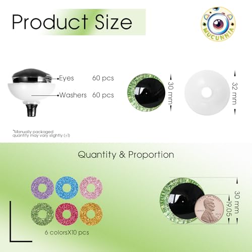 MUCUNNIA 120pcs 30mm 3D Sparkle Moon Safety Eyes for Amigurumi with Washers - size: 30mm