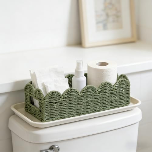 Sage Green Scalloped Basket, Toilet Tank Tray, Back of Toilet - color: Green