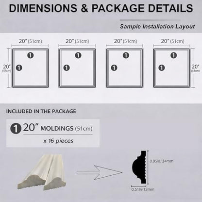 4 Set Peel and Stick Wall Molding Kit, Pre-Cut Mitered Picture Frame Molding for Wall (20" x 20"), DIY Wainscoting Wall Trim, Paintable Rigid PS Trim, 4 Panels, White (4-Frame-White, 20'' × 20'') - size: 20'' × 20''