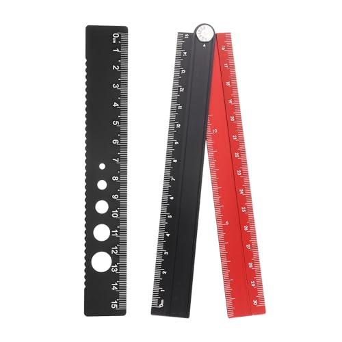Generic Folding and Straight Ruler Kit 30/15cm Metric Aluminum Alloy Protractor Foldable Angle Wave Edge Ruler with Hollow Circle for Home Classroom Office, Black-Red - color: Black-Red