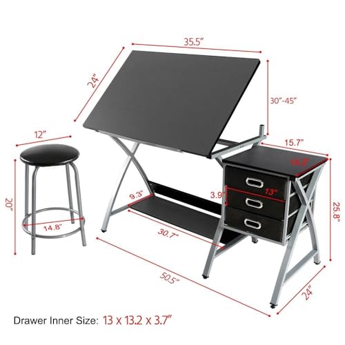 Yaheetech Drafting Table with Storage & Stool, Adjustable Art Drawing Desk