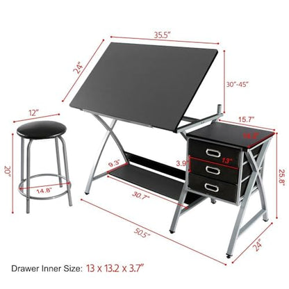 Yaheetech Drafting Table with Storage & Stool, Adjustable Art Drawing Desk
