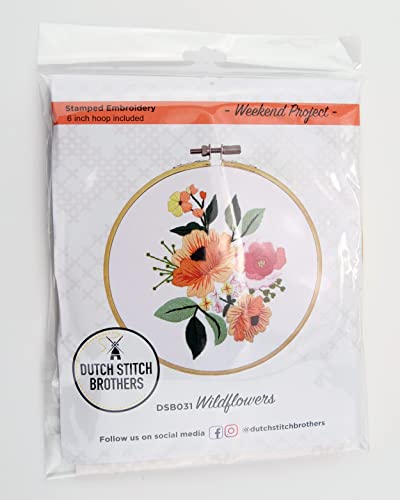 DUTCH STITCH BROTHERS Wildflower Embroidery Starter Kit with Pattern and Instructions. Stamped Embroidery Kits with Embroidery Clothes with Pattern. 6" Embroidery Hoop - color: DSB031 Stamped fabric