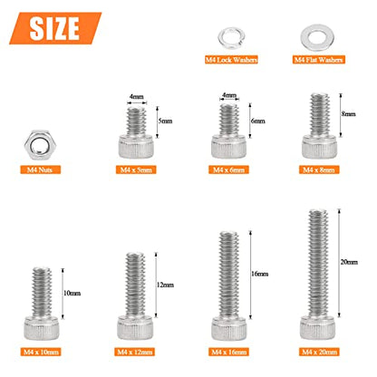HELIFOUNER 380 Pieces M4 x 5mm /6mm /8mm /10mm /12mm /16mm /20mm, Hex Socket Head Cap Screws Bolts Washers Nuts Kit, 304 Stainless Steel - size: M4, style: Hex Socket Head Cap