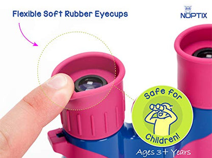 Binoculars for Kids, Girls or Boys Real Kids Binoculars in Vibrant Pink Blue - includes Sticker Book with 40 Bird Species - Kids Toys Small Binoculars, Toddler Binoculars - color: Pink and Blue
