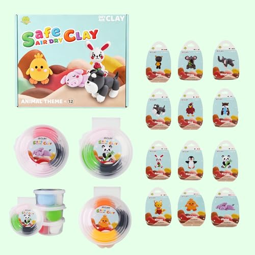 Air Dry Clay Kit, 12 Cute Animal DIY Modeling Clay with Step - by-Step Tutorial and Sculpting Tools, Non-Toxic & Safe,Unique DIY Home Party Favors for Boys, Girls