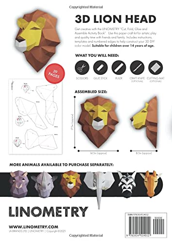 Linometry - 3D Lion Paper Model: A cut, fold, and glue paper model activity book. Build a low-poly animal head model with this DIY, 3D, origami puzzle ... ASSEMBLED SIZE APPROX 17.5 X 14.5 inches