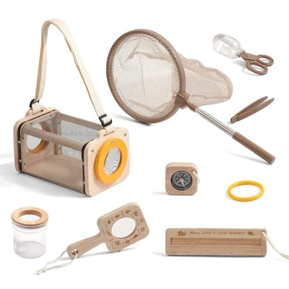 Montessori Wooden Bug Catcher Kit for Kids - 8-in-1 Outdoor Explorer Set with Habitat, Net & Magnifying Glass STEM Learning Toys for Ages 3-8 Nature Gift for Boys & Girls