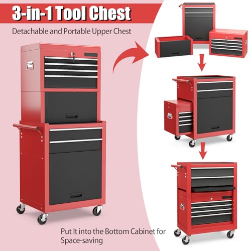 Goplus 6 Drawers Tool Chest, Rolling Metal Tool Box with Universal Wheels, Protective Liner, Detachable Top Toolbox, Auto Lock, 3-in-1 Large Tool Cabinet for Garage Shop Auto Repair - color: Red+black, style: Large 6 Drawers