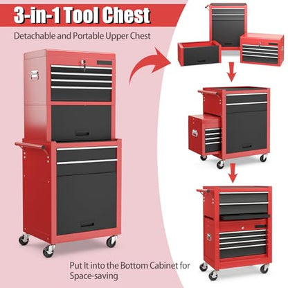 Goplus 6 Drawers Tool Chest, Rolling Metal Tool Box with Universal Wheels, Protective Liner, Detachable Top Toolbox, Auto Lock, 3-in-1 Large Tool Cabinet for Garage Shop Auto Repair - color: Red+black, style: Large 6 Drawers