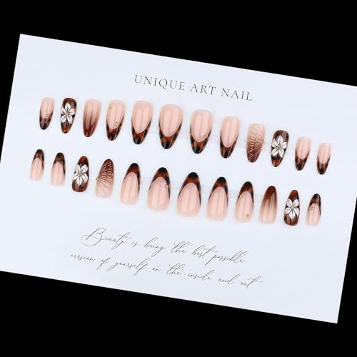Almond Press on Nails Medium Brown Fake Nail3D Flowers Designs Acrylic Nail Press ons Stick on Nails for Women 24pcs - color: Brown