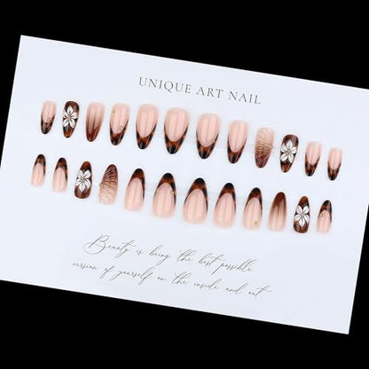 Almond Press on Nails Medium Brown Fake Nail3D Flowers Designs Acrylic Nail Press ons Stick on Nails for Women 24pcs - color: Brown