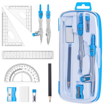 Zonon 10 Pcs Math Geometry Set for Student Compass Protractor, Blue - color: Blue