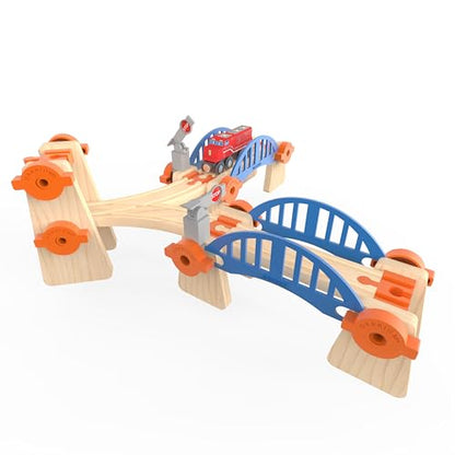 Wooden Train Track Accessories Build & Play Construction Set 90 PCS Ultimate Elevated Railway STEM Toys Track Expansion Pack Ascending Tracks Risers Bridges Tunnel Stop Go Gate Compatible Thomas Brio