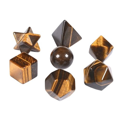 Justinstones 7-Piece Golden Tiger Eye Natural Crystal Geometry Collection Healing Crystals Kit Sacred Geometry Platonic Solids Geometric Set Tumbled Stones Specimen Collection - style: Golden Tiger Eye